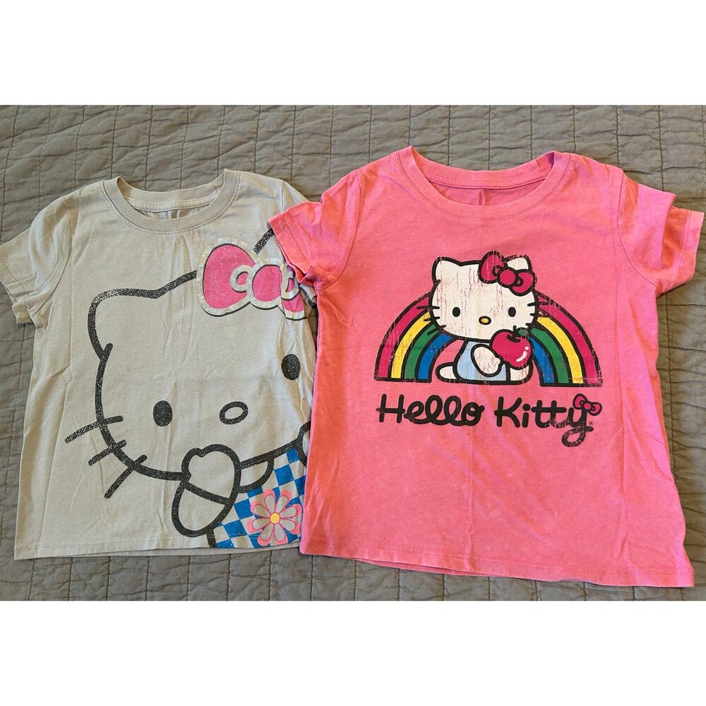Lot of 2 Hello Kitty Girl's Graphic TShirts Pink Gray Size 8 Medium Rainbow Soft